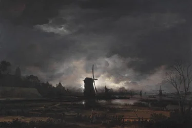 Paisagem ao luar com um moinho de vento, início a meados da década de 1650